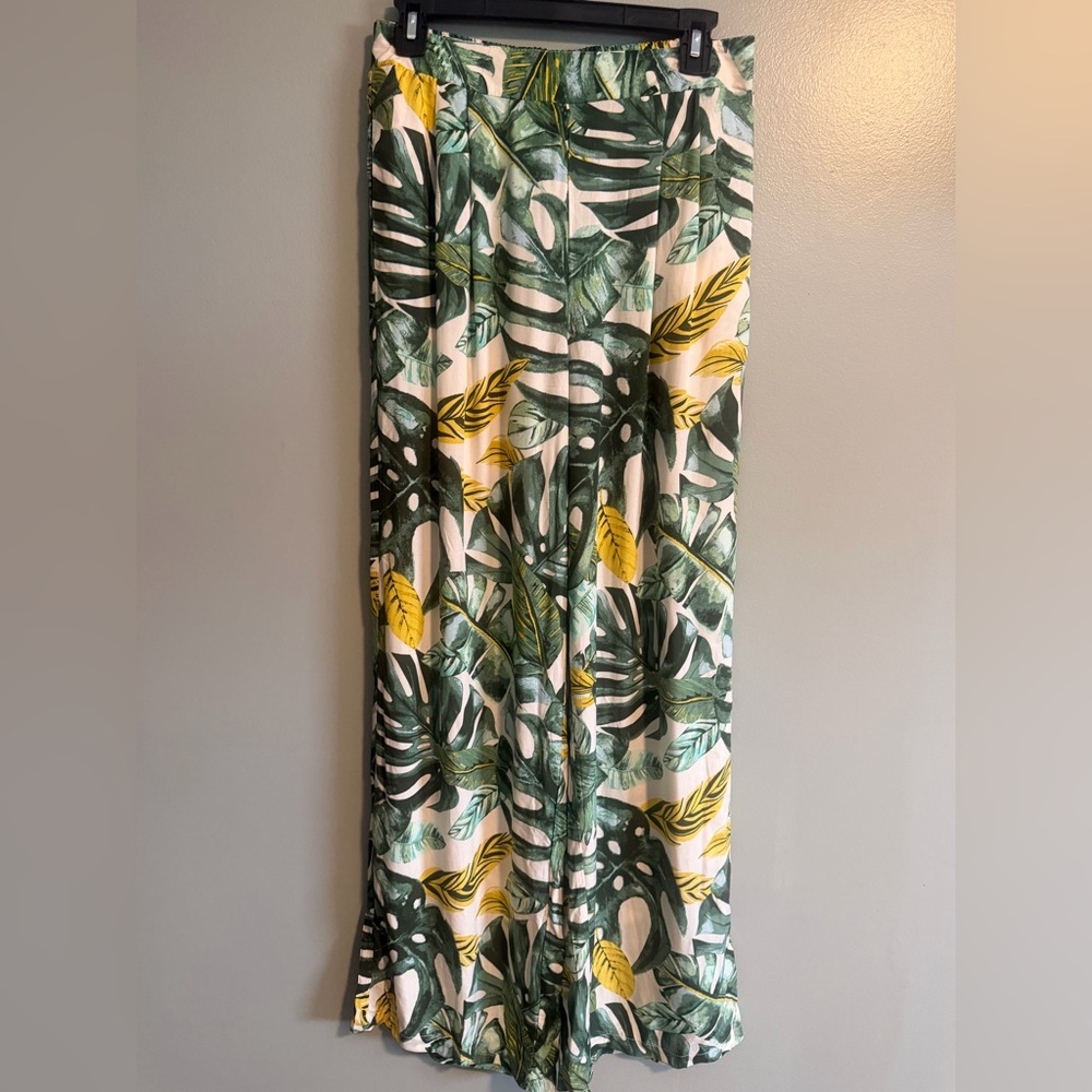 Sunburst KissTropical Leaf Print wide leg pants rayon Green Yellow size M NWT